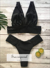 Women's Solid Color Beach Swimsuit Quick-drying Fashion Two-piece Bikini Push-up Bra Lace Openwork