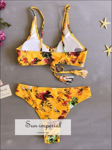 Women's Yellow Printed Beach Swimsuit Fashion Two-piece High Waist Bikini Set Push-up Bra Strap