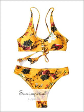 Women's Yellow Printed Beach Swimsuit Fashion Two-piece High Waist Bikini Set Push-up Bra Strap