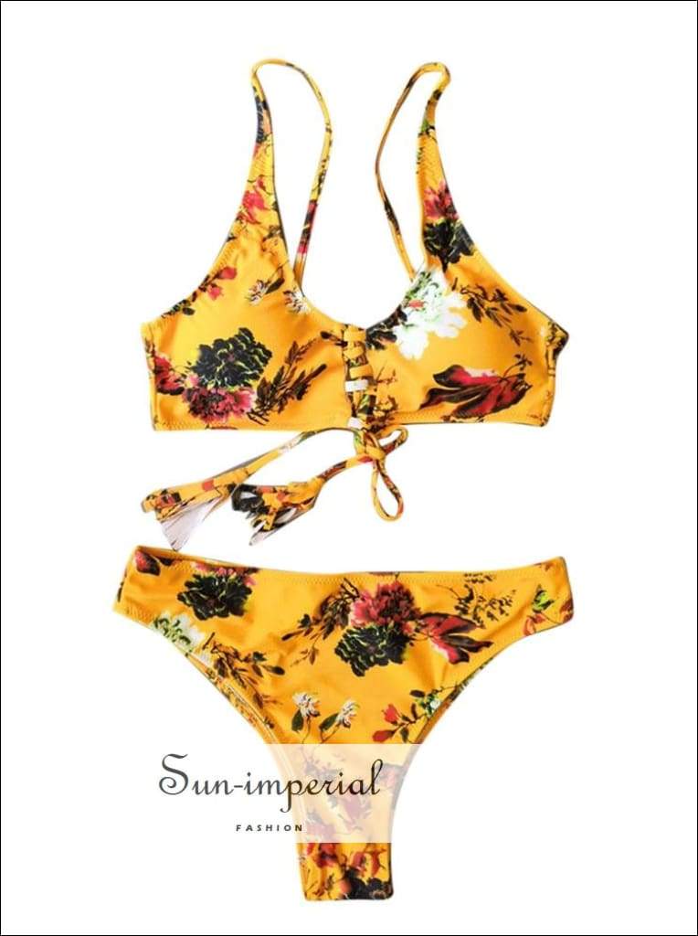 Women's Yellow Printed Beach Swimsuit Fashion Two-piece High Waist Bikini Set Push-up Bra Strap