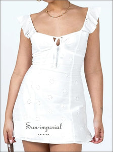 Women White Embroidery Sleeveless Mini Dress With Center Tie Square Collar And Ruffles Strap Detail Sun-Imperial United States
