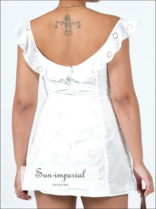 Women White Embroidery Sleeveless Mini Dress With Center Tie Square Collar And Ruffles Strap Detail Sun-Imperial United States