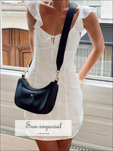 Women White Embroidery Sleeveless Mini Dress With Center Tie Square Collar And Ruffles Strap Detail Sun-Imperial United States