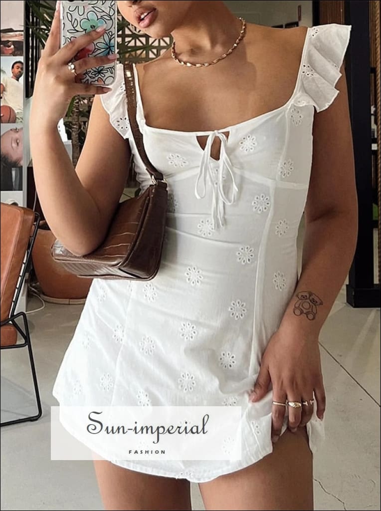 Women White Embroidery Sleeveless Mini Dress With Center Tie Square Collar And Ruffles Strap Detail Sun-Imperial United States