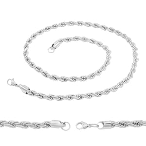 Rope Chain Necklace Silver Stainless Steel Twisted Link Fashion Jewelry for Men 18" 20" 24" 30" Length | 2 mm - 7 mm Width