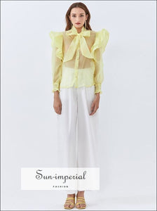Yahli top - Yellow Sheer Chiffon Puff Long Sleeve Bowknot Women Blouse with Ruffle and Pearl Buttons elegant style, harajuku Preppy Style 