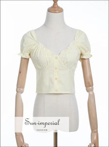 Yellow Bardot top - Sweetheart Neck Frill Trim Buttoned Blouse Short Sleeve