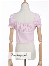 Yellow Bardot top - Sweetheart Neck Frill Trim Buttoned Blouse Short Sleeve