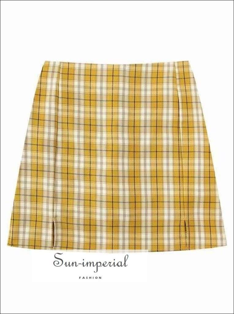 Yellow Double front Slit High Waist Plaid Slim Vintage Green Gingham Checkered Mini Skirt Basic style, casual chick sexy harajuku korean 