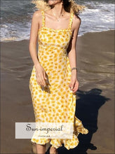 Yellow Floral Midi Dress Sunflower Summer Cami Ruffle Decor Strap cami strap, dress, floral outfit, print, flower print SUN-IMPERIAL United 