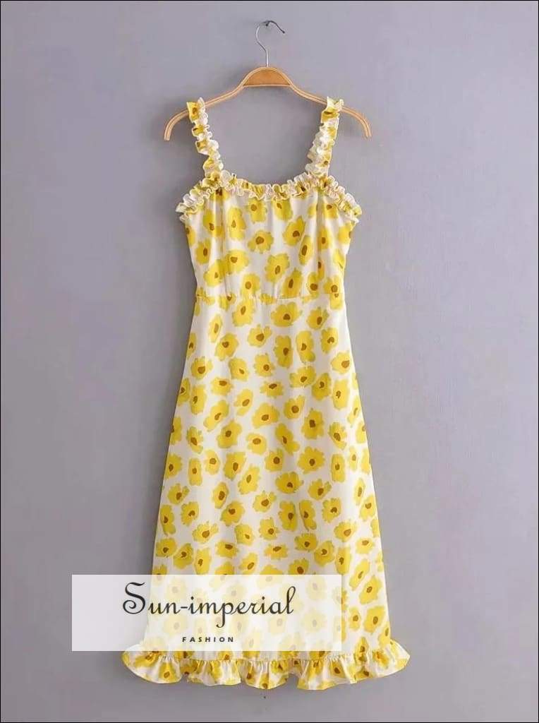 Sun-imperial - yellow floral midi dress sunflower summer cami ruffle ...