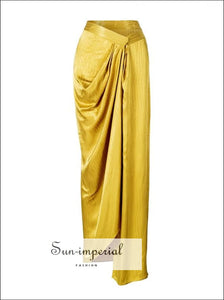 Yellow Mustard Striped High Waist Ruched Hem with front Slit Maxi Skirt elegant style, Unique style SUN-IMPERIAL United States