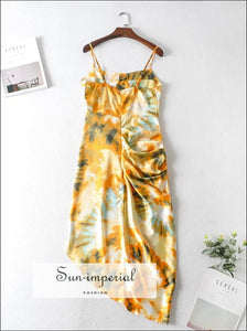Yellow Orange Tie Dye Cami Strap Corset Bust Midi Dress with High side Slit and Ruched Waist detail Beach Style Print, bohemian style, boho 