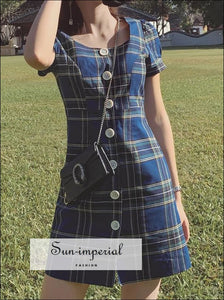 Yellow Plaid Mini Dress Short Sleeve Buttoned front Square Neck
