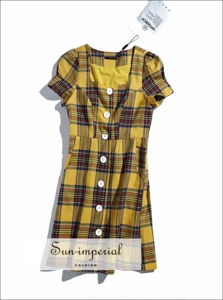 Yellow Plaid Mini Dress Short Sleeve Buttoned front Square Neck