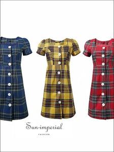 Yellow Plaid Mini Dress Short Sleeve Buttoned front Square Neck