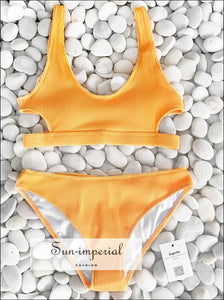 Yellow Solid Bikini Set Plain Cut out Padded Two Pieces Swimwear