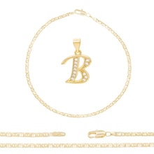A-Z Initial Letter Pendant 14K Gold Filled Cubic Zirconia Mariner Chain Anklet 10" Set CZ Charm Foot Bracelet 3.2 mm Female Women Girl
