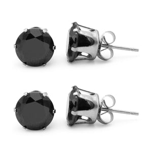 Stud Earring Set of 2 Black Round Cubic Zirconia Stainless Steel CZ Studs