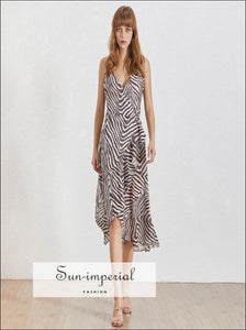 Zebra Dress- Vintage Striped V Neck Warp Women’s Midi Dress Sleeveless a Line Off Shoulder, Sleeveless, striped, Neck, vintage SUN-IMPERIAL 