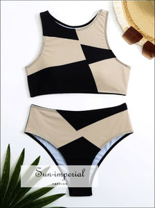 Color Block High Waist Bikini Set With Neck Top with Sun-Imperial United States
