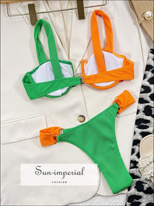 Orange And Green Block Color Under Wire Bikini Set With Bottom Side Rings Detail Sun-Imperial United States