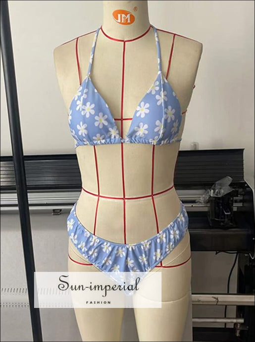 Blue With White Floral Print Triangle Bikini Set Sun-Imperial United States