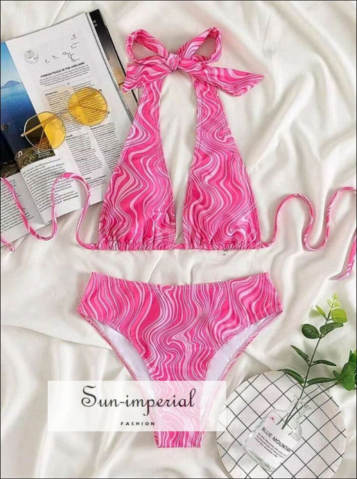 Women’s Pink Wavy Print Tringle Set With High Waist Bottom Detail Sun-Imperial United States