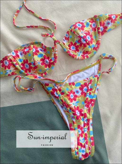 Green Bikini Set With Pink Flowers Print And Center Tie Detail Sun-Imperial United States