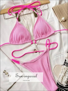 Women Pink Center Ring Warp Around Bikini Set With Beads Detail Sun-Imperial United States