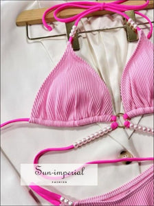 Women Pink Center Ring Warp Around Bikini Set With Beads Detail Sun-Imperial United States