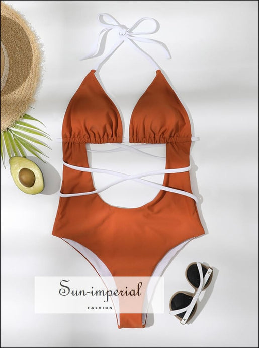 Women Orange Cut Out Warp Around One Piece Swimsuit Sun-Imperial United States