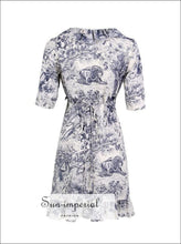 Zuri Dress- Vintage Floral Print Women Mini Dress V Neck Short Sleeve A-line Warp Ruffles Tie Waist Bow Ruffles, Half Sleeve, High Waist, 