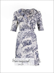 Zuri Dress- Vintage Floral Print Women Mini Dress V Neck Short Sleeve A-line Warp Ruffles Tie Waist Bow Ruffles, Half Sleeve, High Waist, 